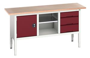 16923020.** verso adj. height storage bench (mpx) with cupboard / mid shelf / 3 drawer cab. WxDxH: 1750x600x830-930mm. RAL 7035/5010 or selected
